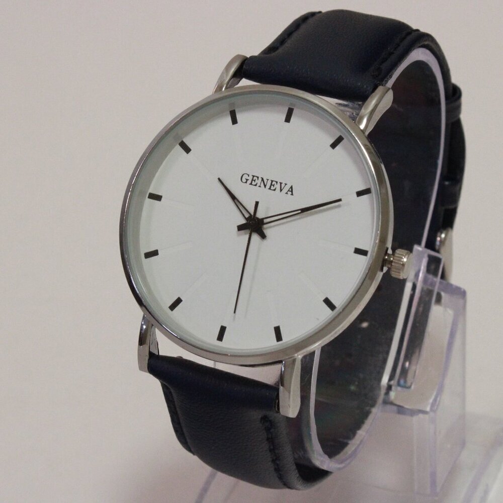 Men's Minimalist Fashion Watch Silver Case White Dial Navy Blue Strap 40mm - Picture 4 of 13